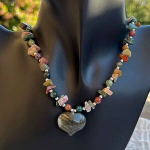 Vintage Multicolor Gemstone Necklace with Moss Agate Heart Pendant